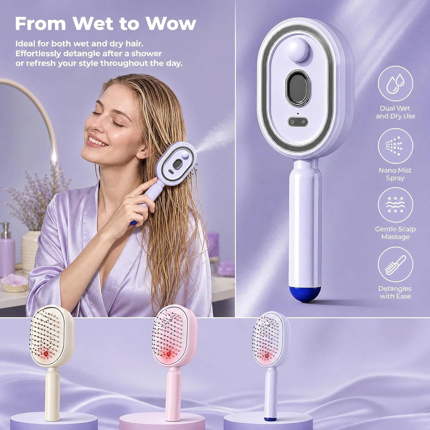 2026 New Electric Spray Air Cushion Massage Comb,3 in 1 Self-Clean Detangling Brush, Restores Silky Shine for Dry & Frizzy Hair, Premium Hair Care Tool for Women