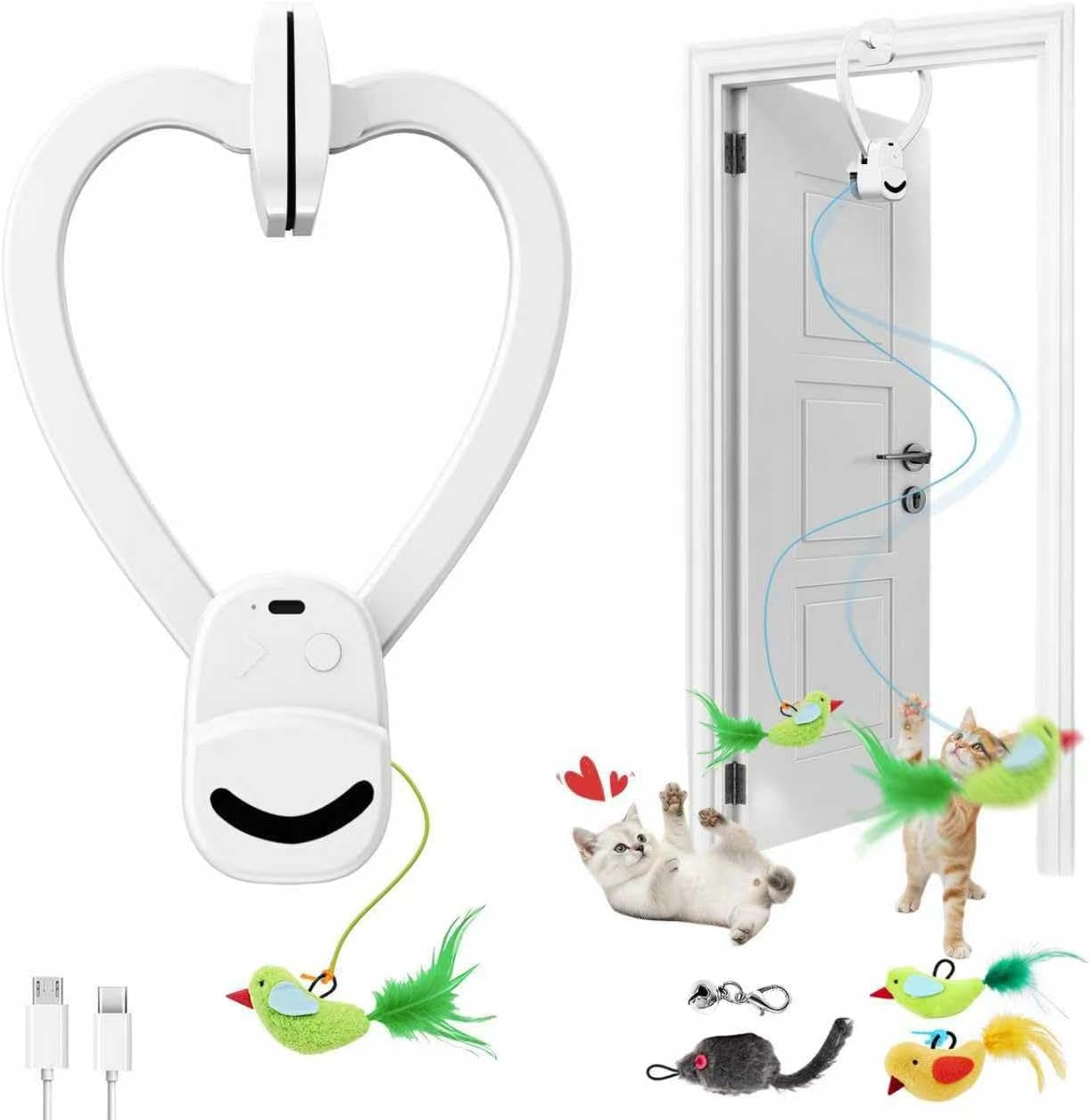 Interactive Cat Toys for Indoor Cats - Automatic Flying Bird & Mouse Doorway Hanging Toy, USB Rechargeable Electric Kitten Toy for Hunting Instinct, Enrichment & Exercise, 2 Birds & 1 Mouse